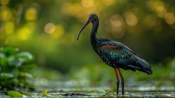 A striking black ibis stands gracefully in a serene wetland, surrounded by lush greenery and soft bokeh photo