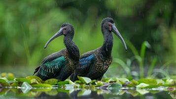 Two glossy ibises standing among lush green lily pads in a serene wetland during rain photo