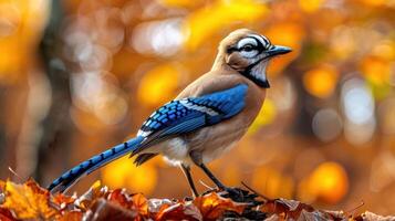 Vibrant blue jay perched on autumn leaves, surrounded by colorful foliage in a serene forest photo