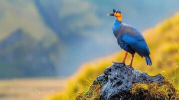 Vibrant bird perched on a rock amidst a misty landscape with rolling hills in the background photo