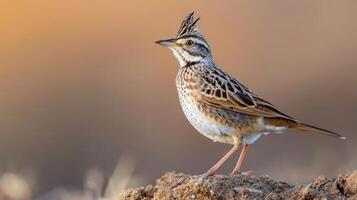 A majestic bird stands on a mound, showcasing its intricate plumage against a soft sunset backdrop photo
