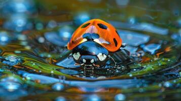 Close-up of a ladybug on water surface with colorful reflections and bubbles in the background photo