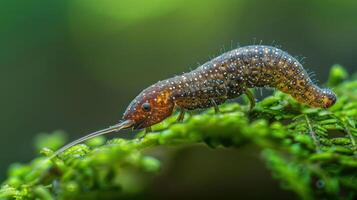 Close-up of a unique insect crawling on vibrant green foliage in a lush forest setting photo