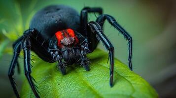 Close-up of a black spider with a red marking resting on a green leaf in a natural setting photo