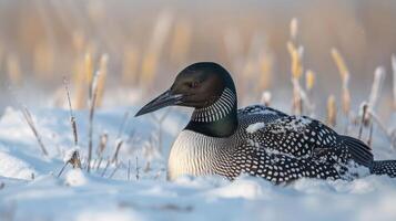 A serene loon resting in snowy surroundings, with soft grasses and a tranquil background photo