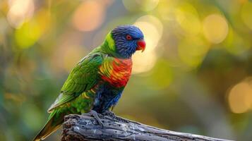 Vibrant rainbow lorikeet perched on a branch, surrounded by soft, blurred foliage in the background photo