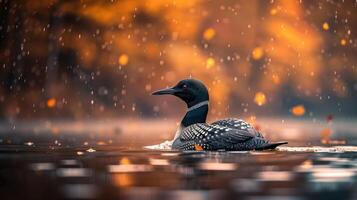 Serene Loon Swimming in Calm Waters Surrounded by Autumn Leaves and Soft Rainfall photo