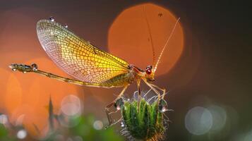 Close-up of a vibrant insect perched on a dew-covered flower with blurred colorful lights behind photo