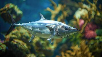 A sleek fish swimming gracefully through a vibrant coral reef teeming with marine life photo