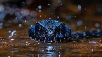 Close-up of a shimmering blue snake emerging from water, surrounded by sparkling droplets and blurred foliage photo