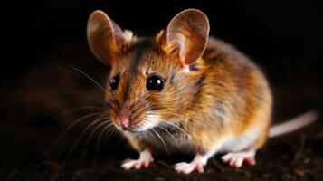 Close-up of a brown mouse with large ears and shiny eyes in a dark environment, showcasing its features photo