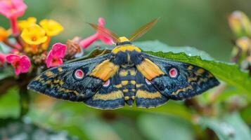 Colorful moth perched on vibrant flowers, showcasing nature's beauty in a lush garden setting photo
