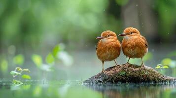 Two small, vibrant orange birds perched on a mossy log in a serene, green wetland setting photo