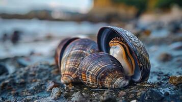 Close-up of colorful seashells resting on a rocky beach with gentle waves in the background photo