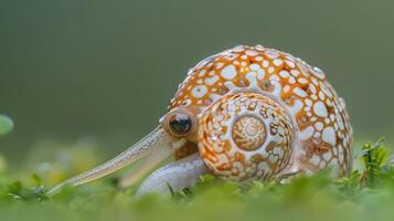 Close-up of a beautifully patterned snail resting on green foliage in a serene natural environment photo