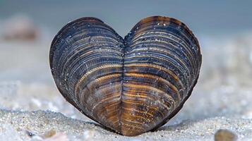 Close-up of a heart-shaped shell resting on sandy ocean floor with soft light filtering through water photo