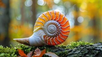 Close-up of a vibrant nautilus shell resting on mossy log in a colorful autumn forest photo