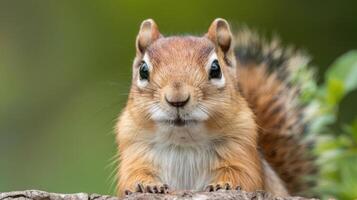 Close-up of a curious squirrel perched on a log, surrounded by lush greenery in a serene forest photo