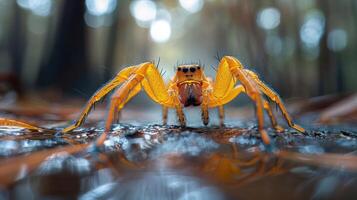 Close-up of a vibrant yellow spider on wet ground in a forest with blurred trees in the background photo