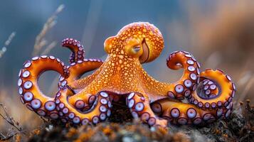 Vibrant octopus showcasing its colorful tentacles on a rocky surface in a serene underwater setting photo