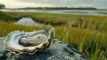 Close-up of an open oyster on a rocky surface with a serene marsh landscape in the background photo