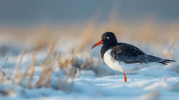 A solitary bird with striking orange beak stands in a snowy field at dawn, surrounded by soft grass photo