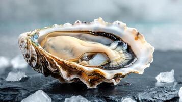 Freshly opened oyster showcasing its soft flesh resting on crushed ice in a serene setting photo