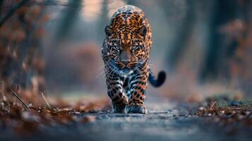 A majestic jaguar prowling down a forest path, surrounded by softly blurred trees and foliage photo
