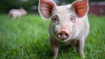 Close-up of a curious piglet in a lush green field with another pig in the background photo