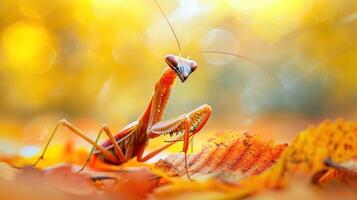 Close-up of a mantis on vibrant autumn leaves with a blurred golden background photo