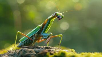 Close-up of a vibrant green praying mantis perched on a mossy surface with blurred greenery photo