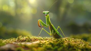 A vibrant green praying mantis perched on mossy ground, surrounded by soft, blurred forest light photo