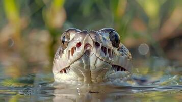 Close-up of a snake emerging from water surrounded by lush greenery, highlighting its intricate features photo