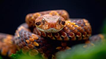 Close-up of a vibrant, patterned snake resting among lush foliage with a dark background photo