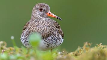 Close-up of a bird with intricate feather patterns, perched on lush greenery in a serene environment photo