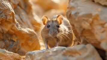 A close-up of a curious mouse exploring rocky terrain under warm sunlight, showcasing nature's beauty photo