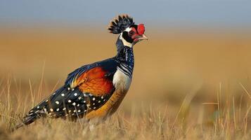 Vibrant bird with intricate feathers stands proudly in a grassy field under a clear sky photo