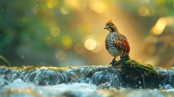 Majestic bird perched on a mossy rock by a flowing stream, illuminated by soft sunlight photo