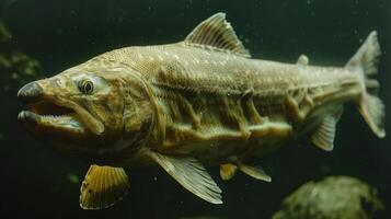 Underwater view of a large fish swimming gracefully among rocks in a serene aquatic environment photo