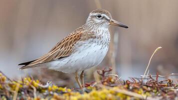 Close-up of a shorebird standing on colorful vegetation near a serene wetland environment photo
