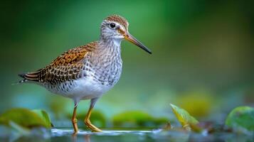 A solitary bird wading through a serene wetland, surrounded by lush greenery and reflections photo