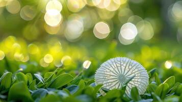 Delicate white seed pod resting on lush green foliage with a soft, dreamy bokeh background photo