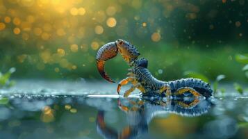 A detailed close-up of a vibrant crab with a large claw emerging from a serene water surface at sunset photo