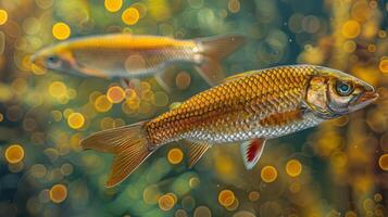 Underwater scene featuring vibrant fish swimming amidst shimmering bubbles and aquatic plants photo