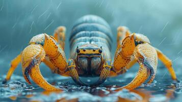 Close-up of a vibrant crab in a rain-soaked environment, showcasing intricate details and colors photo