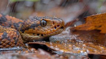 Close-up of a vibrant snake resting on wet leaves during a rain shower in a lush forest photo