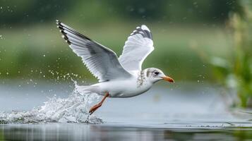 A graceful seagull skimming the water's surface, creating splashes while flying near lush greenery photo