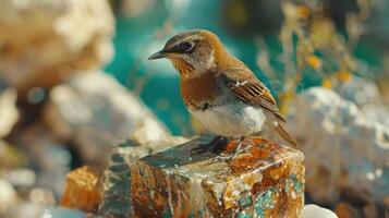 A small brown bird perched on a colorful rock near a shimmering body of water, surrounded by nature photo