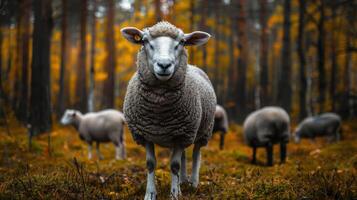 Sheep grazing in a vibrant autumn forest with golden leaves and soft light filtering through trees photo