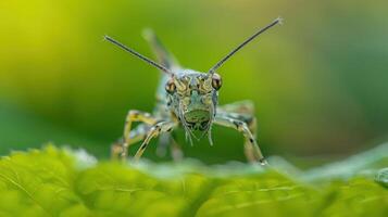 Close-up of a vibrant grasshopper perched on a green leaf against a blurred natural background photo